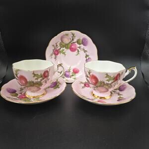 Vintage Queen’s Rosina Thistle Teacup and Saucer Set Gold Trim England